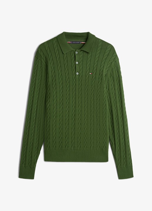 Tommy Hilfiger Kabelgebreide trui met polokraag en logoborduring - voorkant 4 groen