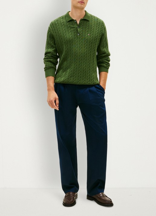 Tommy Hilfiger Kabelgebreide trui met polokraag en logoborduring - voorkant 5 groen
