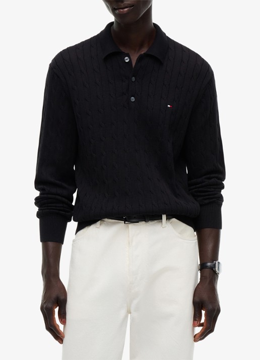 Tommy Hilfiger Kabelgebreide trui met polokraag en logoborduring - detail 4 zwart