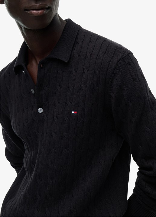 Tommy Hilfiger Kabelgebreide trui met polokraag en logoborduring - detail 5 zwart