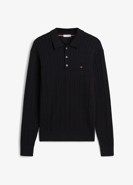Tommy Hilfiger Kabelgebreide trui met polokraag en logoborduring - voorkant 2 zwart