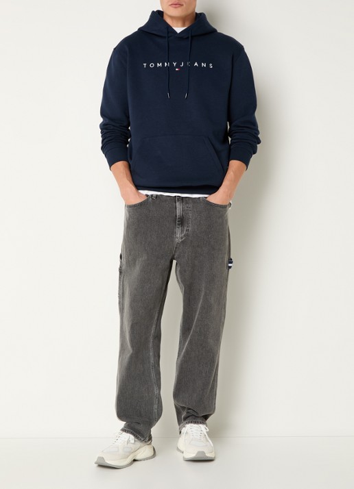 Tommy Hilfiger Linear Logo Embroidery Kangaroo Pocket Hoody - voorkant 4 donkerblauw