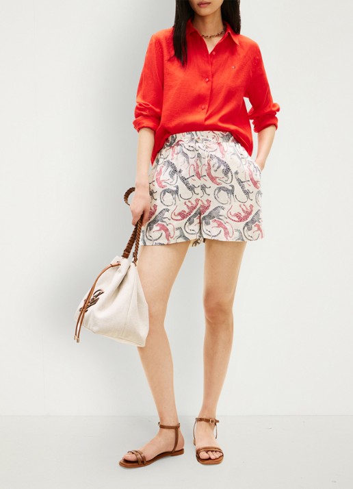 Tommy Hilfiger Loose fit korte broek van linnen met print en steekzakken - voorkant 5 beige