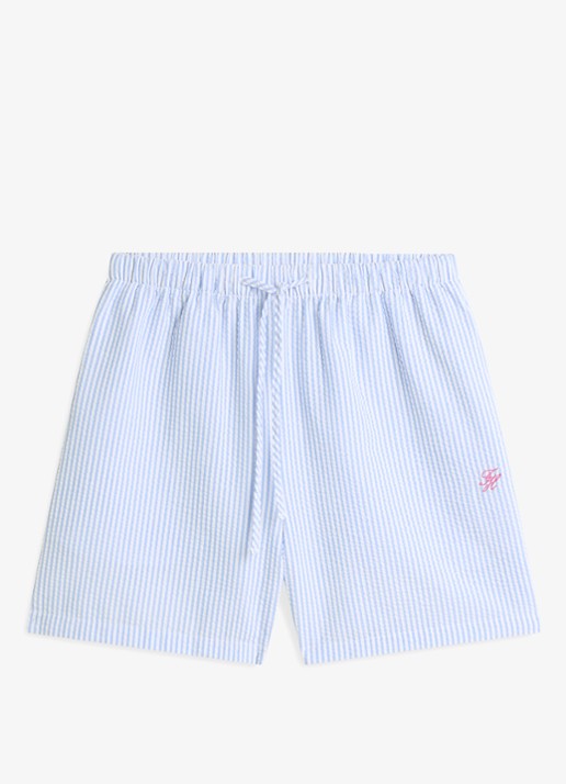 Tommy Hilfiger Mid waist wide fit strandshort met streepprint - voorkant 2 lichtblauw