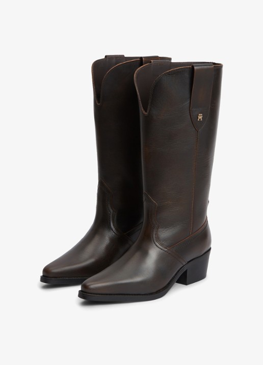 Tommy Hilfiger Monogram cowboylaars van leer  - detail donkerbruin