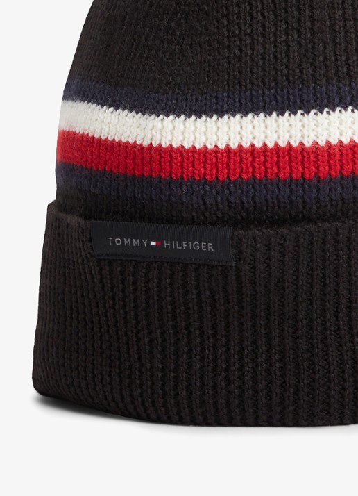 Tommy Hilfiger Muts in wolblend met streepprint - detail diepzwart