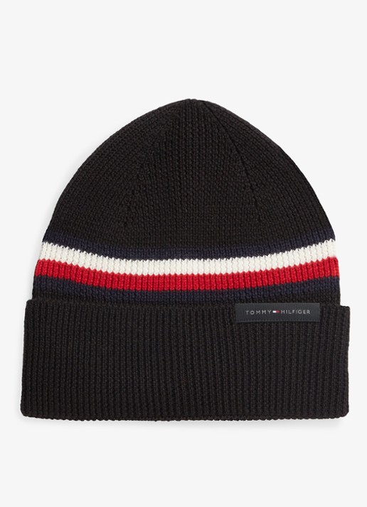 Tommy Hilfiger Muts in wolblend met streepprint - voorkant 3 diepzwart