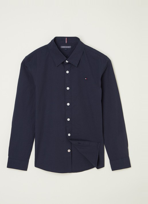 Tommy Hilfiger Overhemd met stretch en logoborduring - voorkant 2 donkerblauw