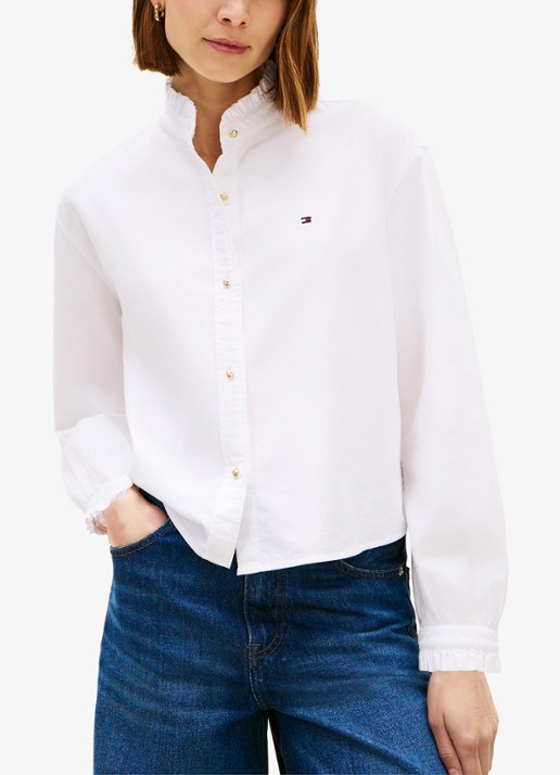 Tommy Hilfiger Oxford blouse met ruches en opstaande kraag - detail 4 wit