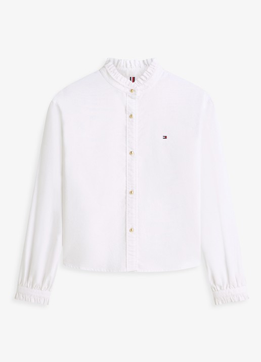 Tommy Hilfiger Oxford blouse met ruches en opstaande kraag - voorkant wit