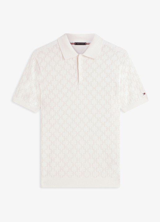 Tommy Hilfiger Polo met opengewerkt detail  - voorkant 2 beige