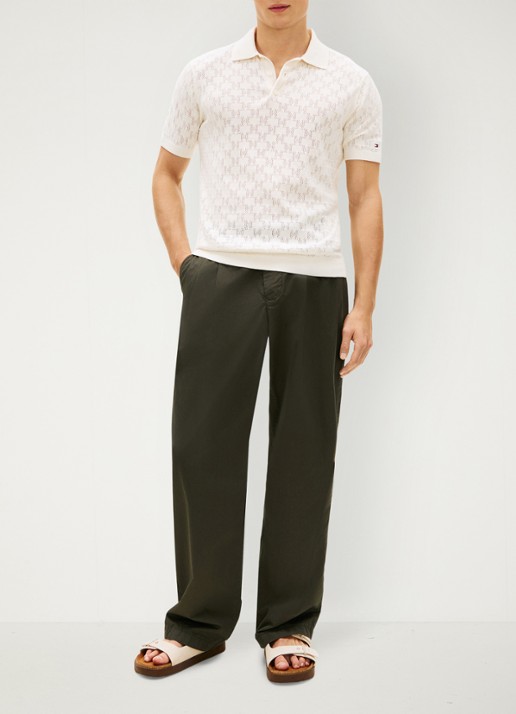 Tommy Hilfiger Polo met opengewerkt detail  - voorkant 3 beige