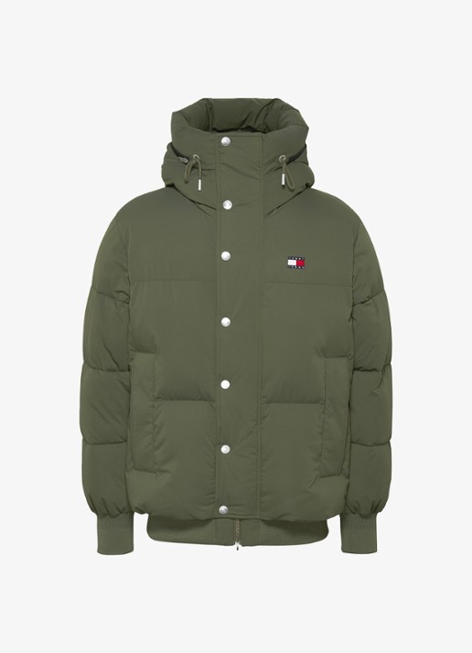 Tommy Hilfiger Puffer jas met capuchon en logo - voorkant olijfgroen