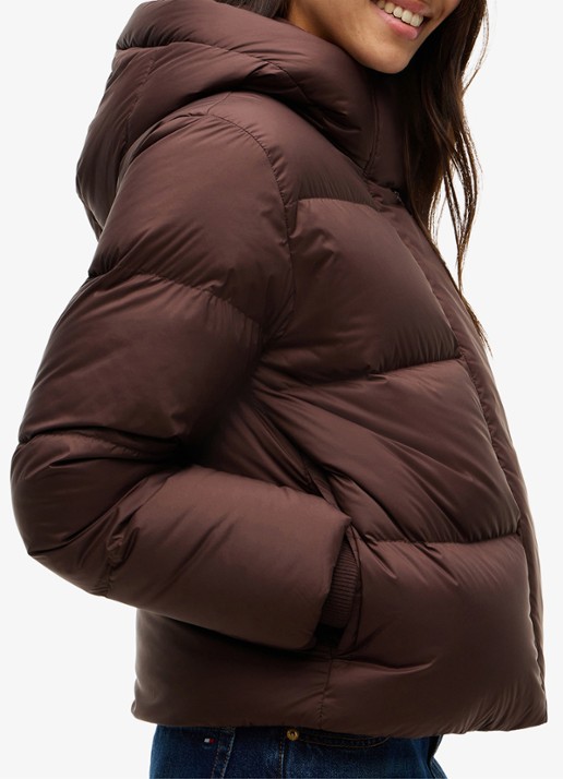 Tommy Hilfiger Puffer jas met donsvulling en capuchon  - detail 2 donkerbruin