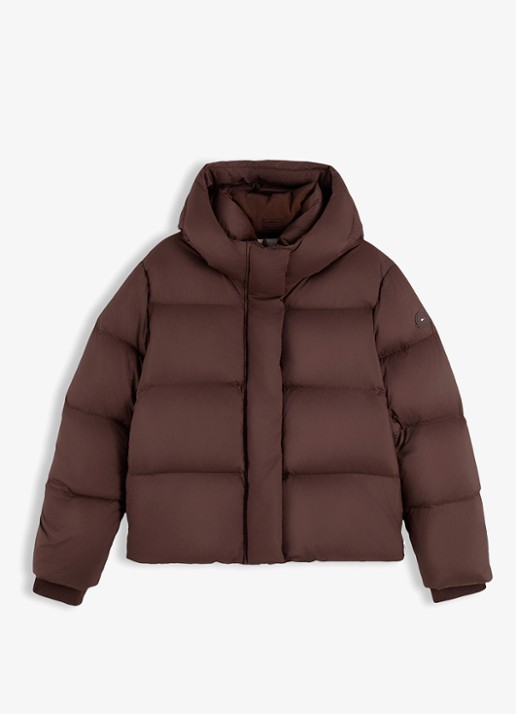 Tommy Hilfiger Puffer jas met donsvulling en capuchon  - voorkant 5 donkerbruin