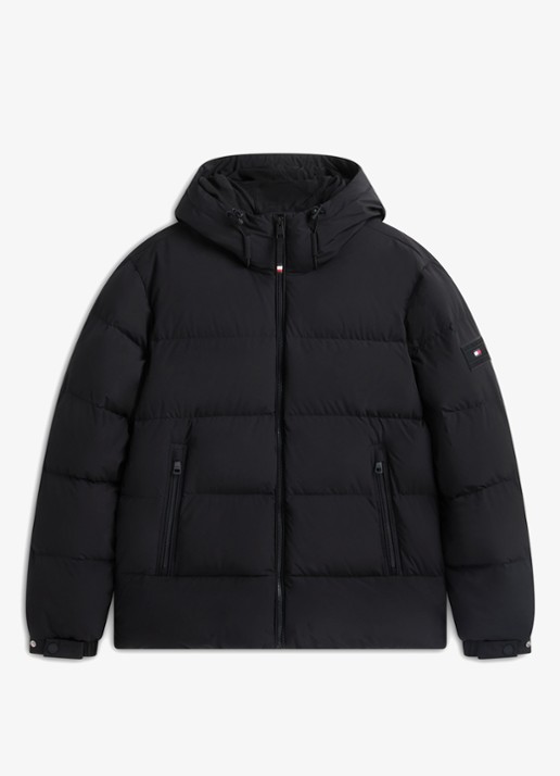 Tommy Hilfiger Puffer jas met donsvulling en capuchon  - voorkant 2 zwart