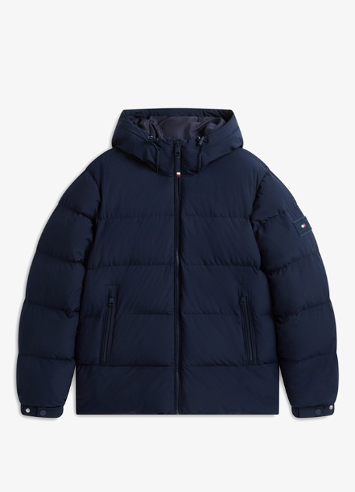 Tommy Hilfiger Puffer jas met donsvulling en capuchon  - voorkant donkerblauw