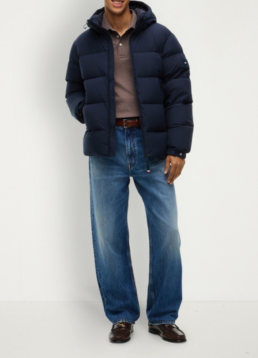 Tommy Hilfiger Puffer jas met donsvulling en capuchon  - voorkant 2 donkerblauw