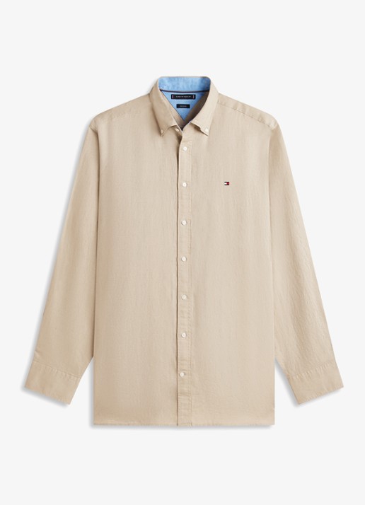 Tommy Hilfiger Regular fit overhemd in katoenblend - voorkant 2 beige