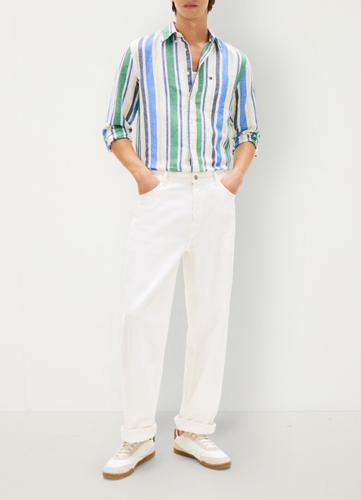 Tommy Hilfiger Regular fit overhemd in linnenblend met streepprint - voorkant 5 groen