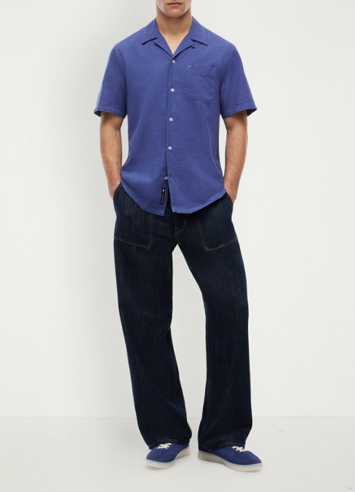 Tommy Hilfiger Regular fit overhemd in linnenblend - voorkant 5 blue storm-c6q / blauw