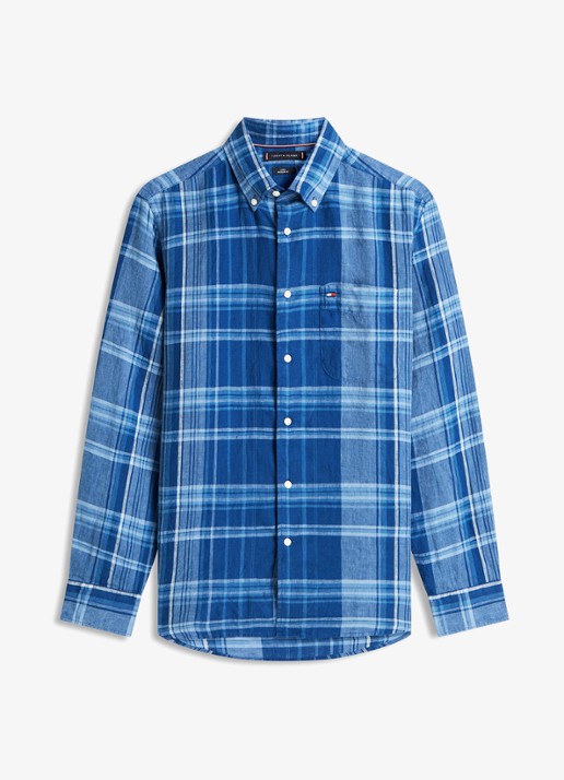 Tommy Hilfiger Regular fit overhemd van linnen met ruitdessin - voorkant 4 blauw