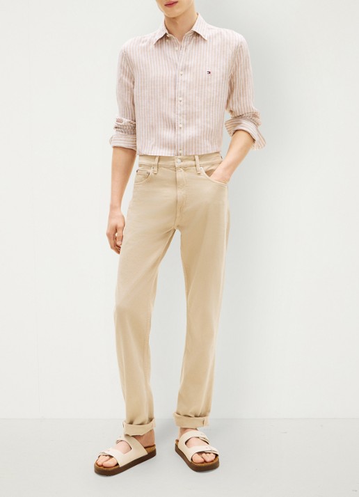 Tommy Hilfiger Regular fit overhemd van linnen met streepprint - voorkant 2 beige