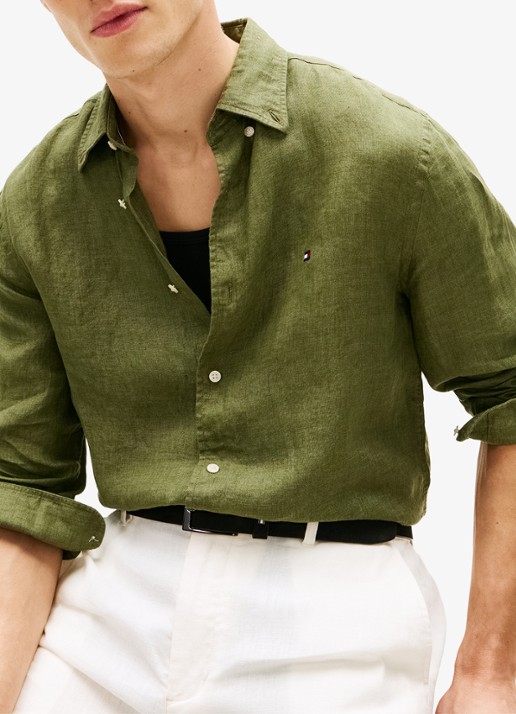 Tommy Hilfiger Regular fit overhemd van linnen - detail 4 olijfgroen