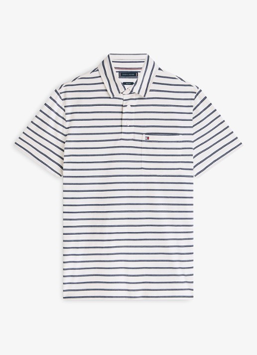 Tommy Hilfiger Regular fit polo met streepprint en borstzak - voorkant 2 gebroken wit