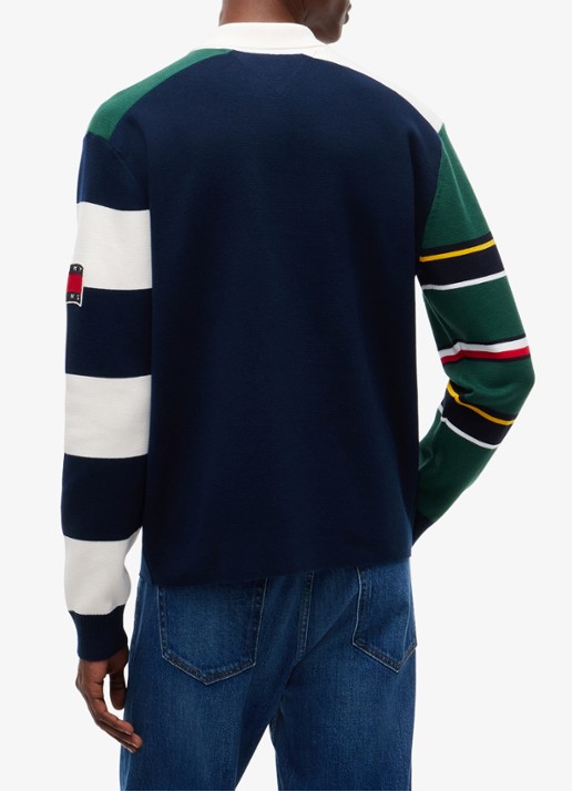 Tommy Hilfiger Regular fit polo met streepprint en logo - achterkant donkerblauw