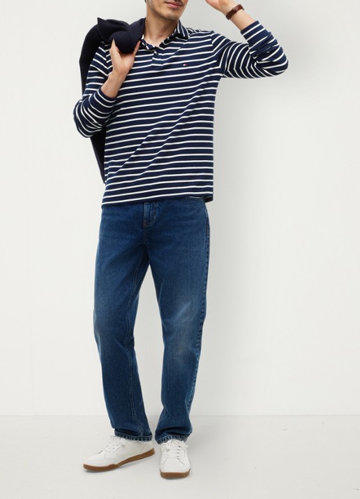 Tommy Hilfiger Regular fit polo met streepprint - voorkant 5 donkerblauw