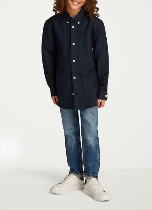 Tommy Hilfiger Relaxed fit overhemd in linnenblend - voorkant 4 donkerblauw