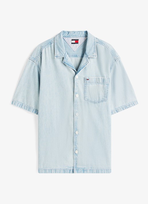 Tommy Hilfiger Relaxed fit overhemd van denim met borstzak - voorkant 2 lichtblauw