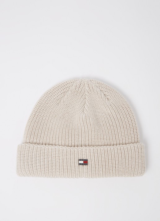 Tommy Hilfiger Ribgebreide muts met logo - voorkant beige