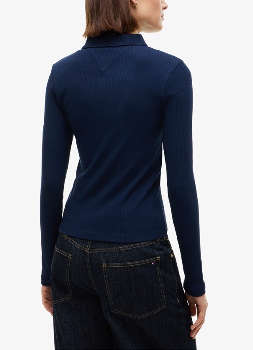 Tommy Hilfiger Ribgebreide polo met knoop details  - achterkant donkerblauw