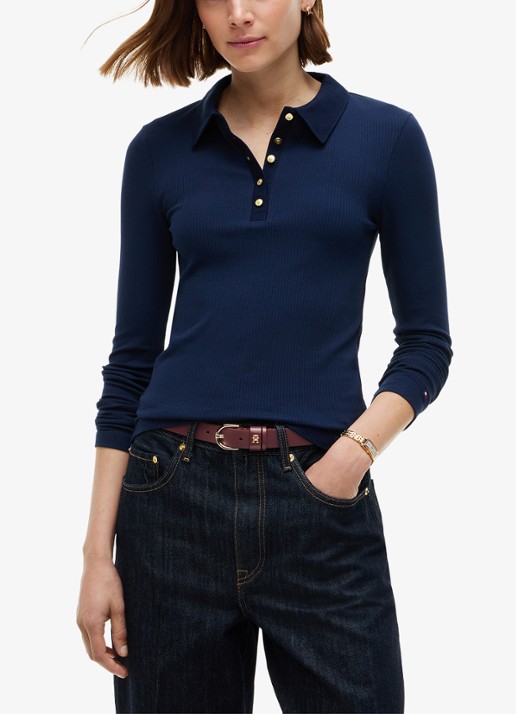 Tommy Hilfiger Ribgebreide polo met knoop details  - detail 4 donkerblauw