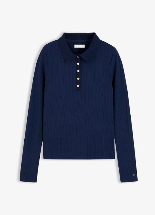 Tommy Hilfiger Ribgebreide polo met knoop details  - voorkant 2 donkerblauw