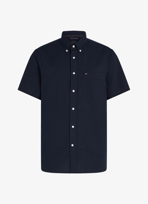 Tommy Hilfiger Seersucker regular fit overhemd met borstzak - voorkant 3 blauw