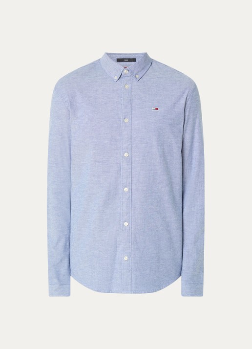 Tommy Hilfiger Slim fit overhemd met logoborduring - voorkant staalblauw