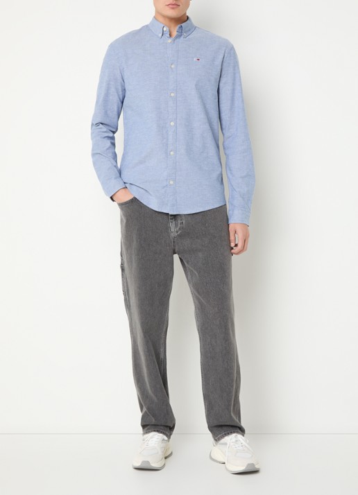 Tommy Hilfiger Slim fit overhemd met logoborduring - voorkant 2 staalblauw
