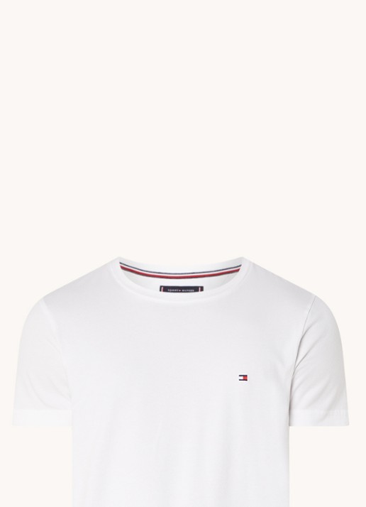 Tommy Hilfiger Slim fit T-shirt met logoborduring  - voorkant wit