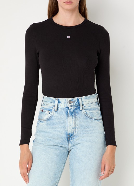 Tommy Hilfiger Slim Ribbed Long Sleeve T-Shirt - detail zwart