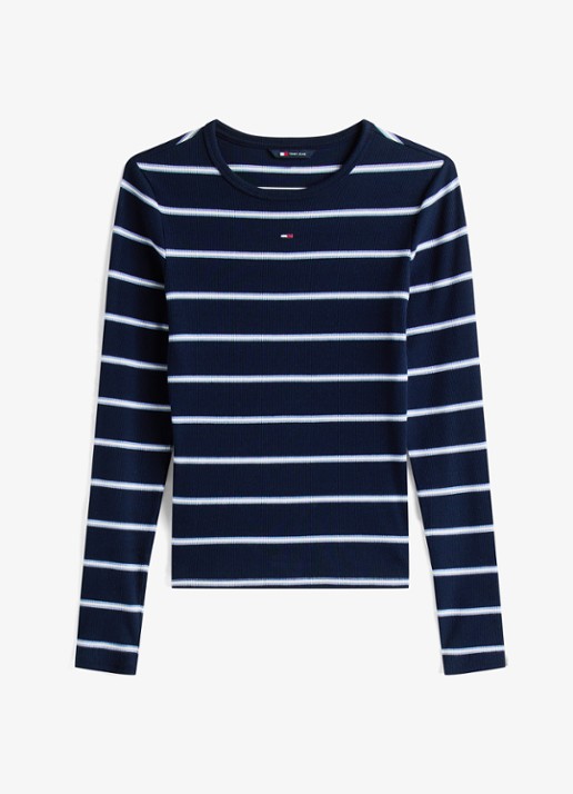 Tommy Hilfiger Slim Ribbed Long Sleeve T-Shirt - voorkant 4 dark night navy / stripe-0a6 / blauw