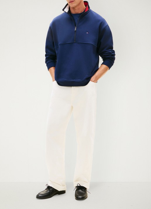Tommy Hilfiger Sweater met halve rits en logoborduring - voorkant 5 donkerblauw