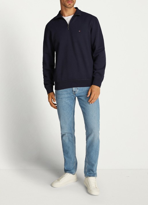 Tommy Hilfiger Sweater met halve rits en logoborduring - voorkant 5 donkerblauw