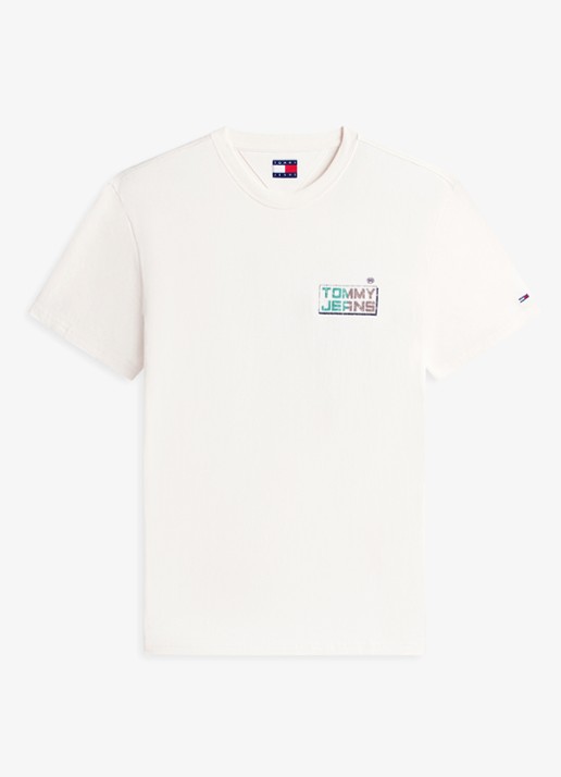 Tommy Hilfiger T-shirt met logo- en backprint - voorkant beige