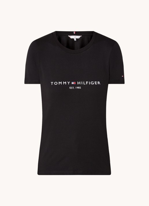 Tommy Hilfiger T-shirt met logoborduring en ronde hals - voorkant 3 zwart