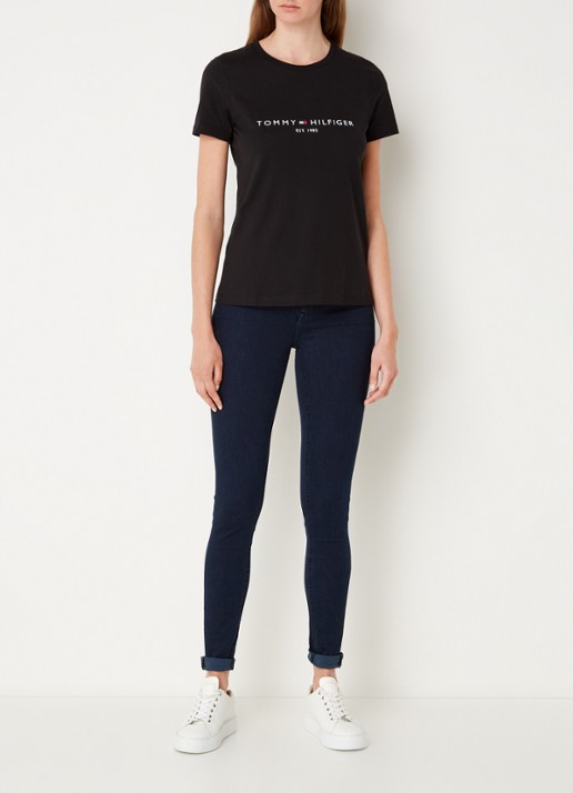 Tommy Hilfiger T-shirt met logoborduring en ronde hals - voorkant 4 zwart