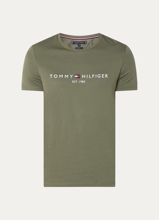 Tommy Hilfiger T-shirt met logoborduring  - voorkant battle green / groen