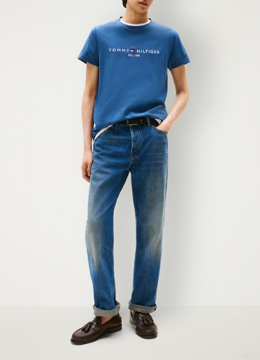 Tommy Hilfiger T-shirt met logoborduring  - voorkant 4 aegean sea / blauw